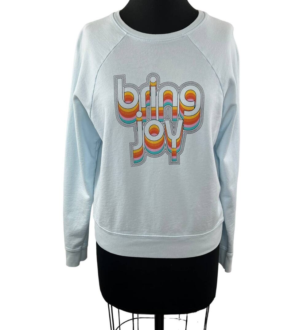 Anthropologie Blue S Sweatshirt BRING JOY Graphic Print Crew Neck Long Sleeves
